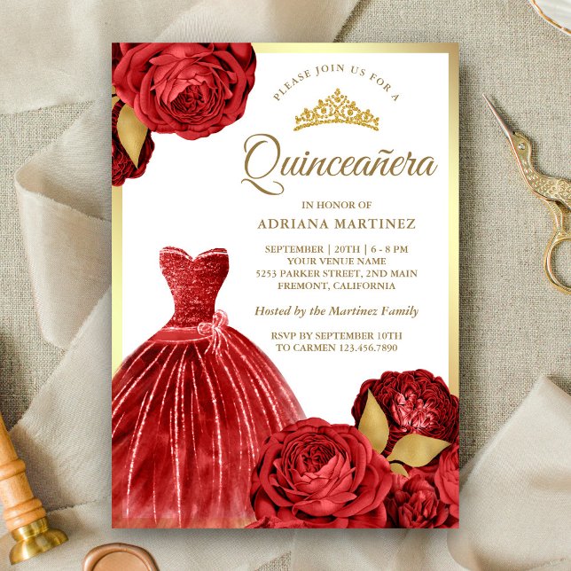 Convites Quinceanera Dourada de Rosas vermelhas de palhaços (Criador carregado)