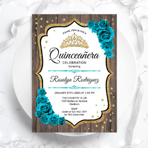 Convites Quinceanera Dourada de Teal de Madeira Russa