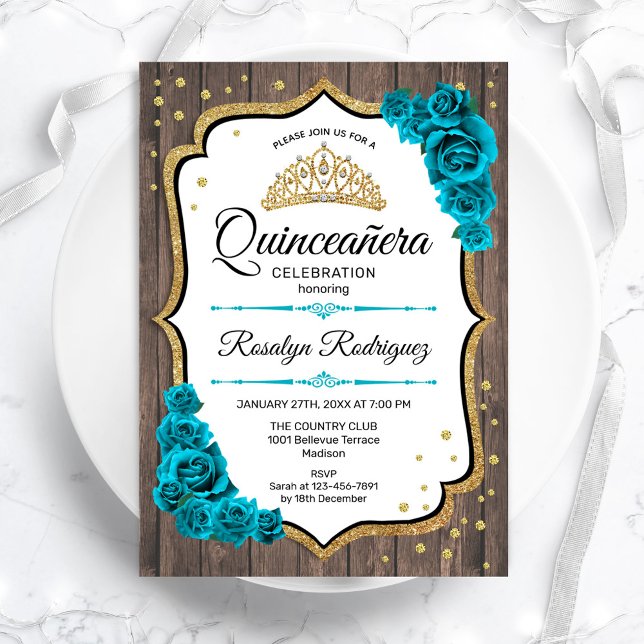 Convites Quinceanera Dourada de Teal de Madeira Russa (Criador carregado)