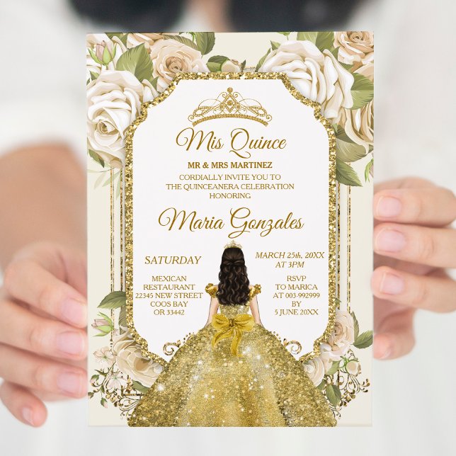 Convites Quinceanera Dourada e Coroa Floral Branca de Anive (Criador carregado)