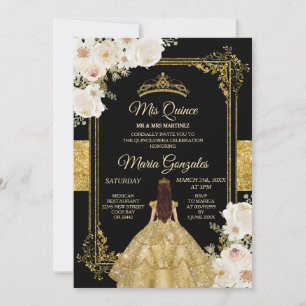 Convites Quinceanera Dourada e Coroa Floral Branca de Anive