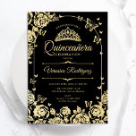 Convites Quinceanera Dourada Elegante<br><div class="desc">Elegante convite para comemoração do ouro negro Quinceanera. Apresenta fontes de script,  borboletas,  rosas douradas tiara e arco. Perfeito para uma celebração de glam estilo da princesa do glam. Personalize com seus próprios detalhes. Impressos convites Zazzle ou modelo de impressão digital instantânea para download.</div>