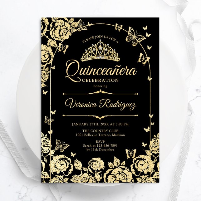Convites Quinceanera Dourada Elegante (Criador carregado)