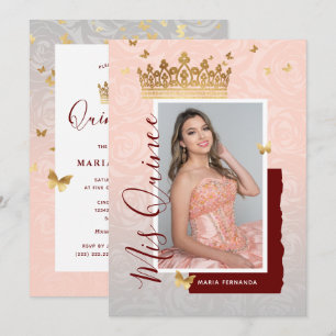 Convites Quinceanera, Dourada Elegante Rosa-Floral Moderno,