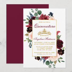 Convites Quinceanera Dourada Floral Cinza-Rosa Aquarela