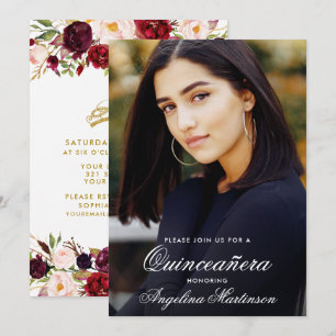 Convites Quinceanera Dourada Floral de Aquarela