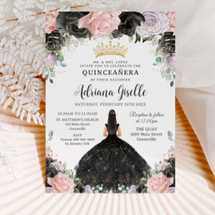 Convites Quinceanera Dourada Floral Púrpura Preta Cor-de-Ro