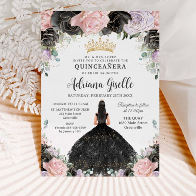 Convites Quinceanera Dourada Floral Púrpura Preta Cor-de-Ro (Criador carregado)