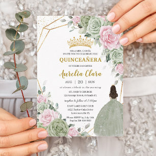 Convites Quinceañera Dourada Floral Verde Cor-de-Rosa Suave