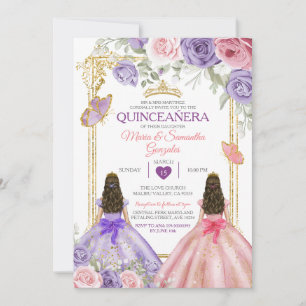 Convites Quinceañera Dourada, Gêmea Floral Rosa Púrpura