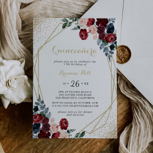 Convites Quinceañera Dourada Geométrica Burgundy Marinho 