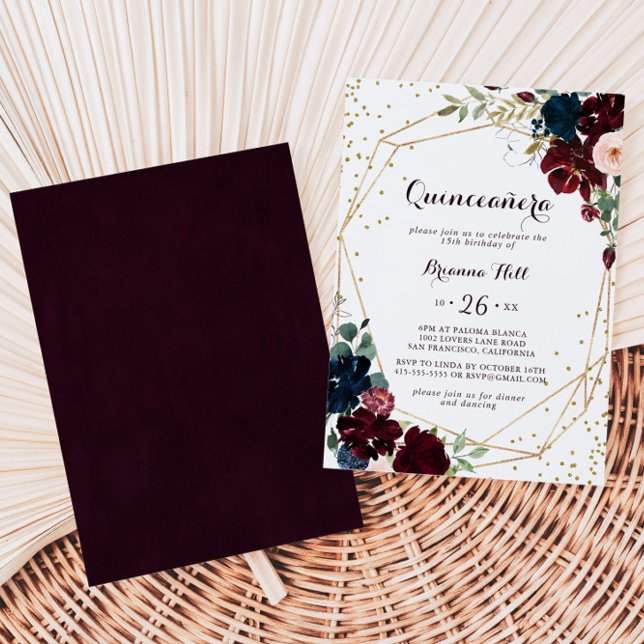 Convites Quinceañera Dourada Geométrica Ilustrada (Criador carregado)