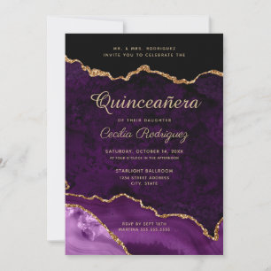 Convites Quinceanera Dourada Glitter Agato Roxo