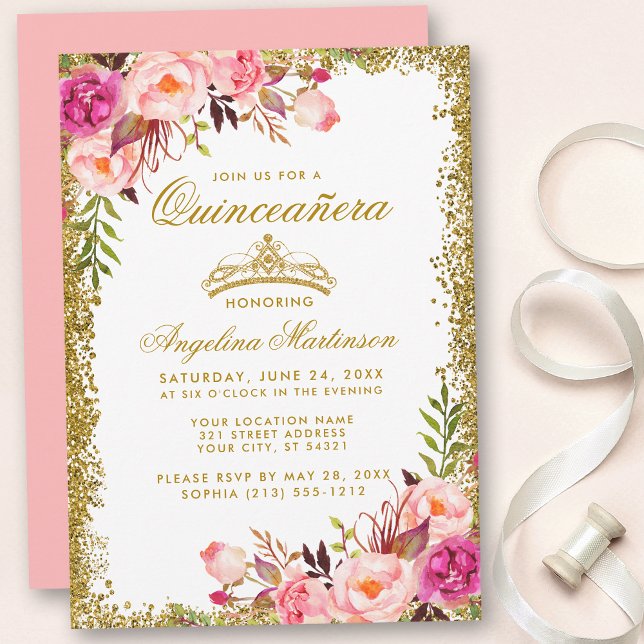 Convites Quinceanera Dourada Glitter Coroa Rosa (Customize to change text color, style, add text & photos to back or change color of back of card.)