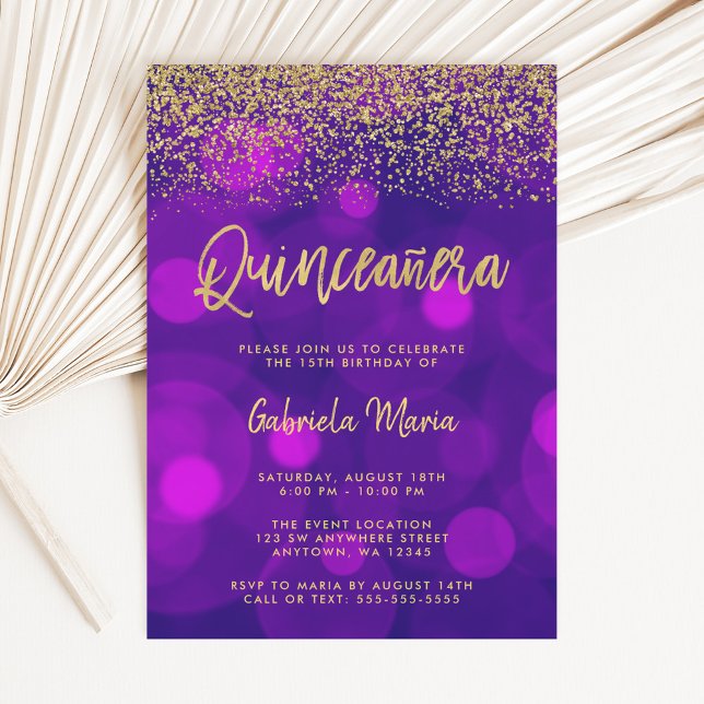 Convites Quinceanera Dourada Glitter Roxo Moderno (Criador carregado)