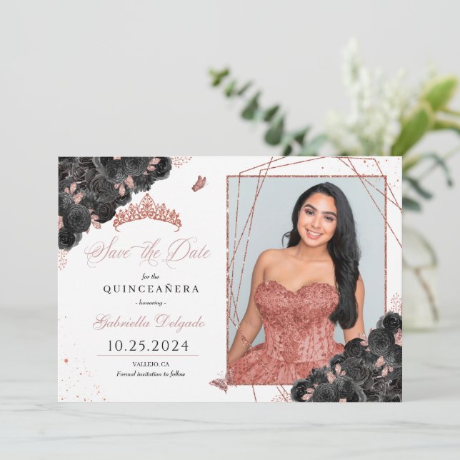 Convites Quinceañera Dourada Preta e Rosa Salva A Foto Da D (Em pé/Frente)
