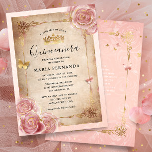 Convites Quinceanera Dourada Rosa de Aquarela Rosa