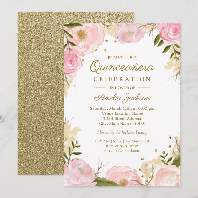 Convites Quinceanera Dourada Rosa-Floral Sparkle (Frente/Verso)