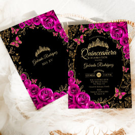 Convites Quinceanera Dourada Rosa Fuchsia
