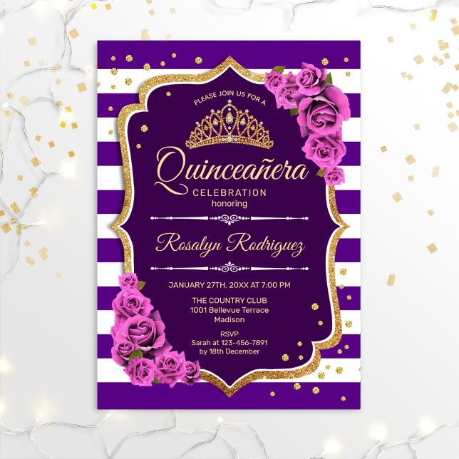 Convites Quinceanera - Dourada roxa (Criador carregado)