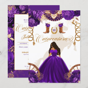 Convites Quinceanera Dourada Roxa Ocidental Charro 2-Lado