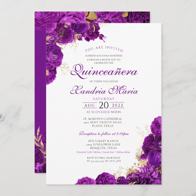 Convites Quinceanera Dourada Roxo-Elegante Floral (Frente/Verso)