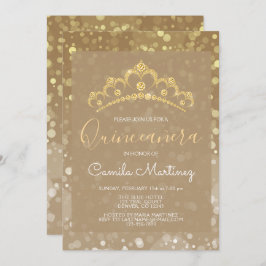 Convites Quinceanera Dourada Sparkly Confetti com Tiara