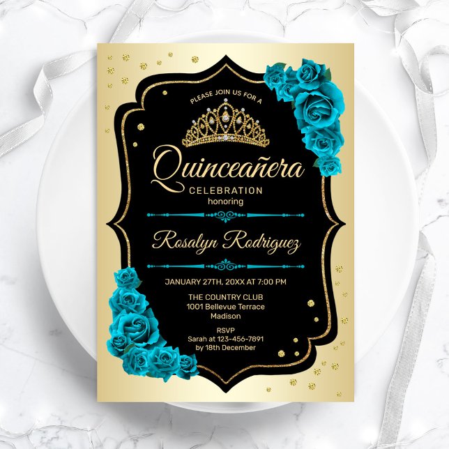 Convites Quinceanera Dourada Teal Negra Elegante (Criador carregado)