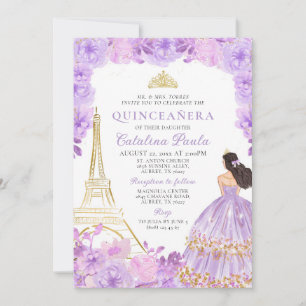 Convites Quinceañera Dourada Tiara Paris, Roxa Elegante