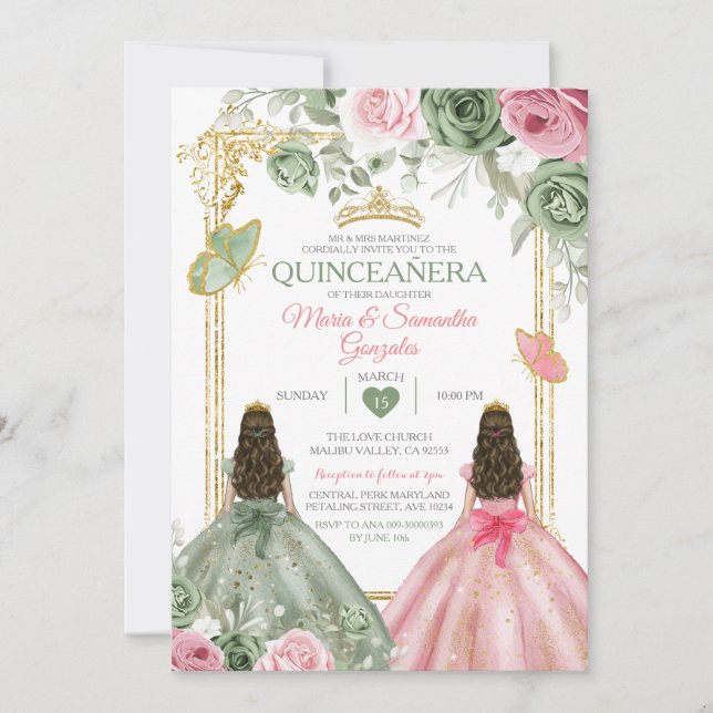 Convites Quinceañera Dourada Verde E Gêmeos Rosa (Frente)