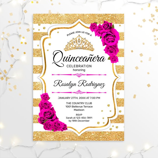 Convites Quinceanera - Douradas, brancas, cor-de-rosa (Criador carregado)