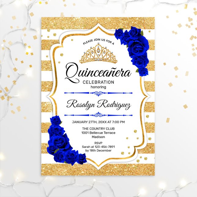 Convites Quinceanera - Douradas brancas - Royal Blue (Criador carregado)