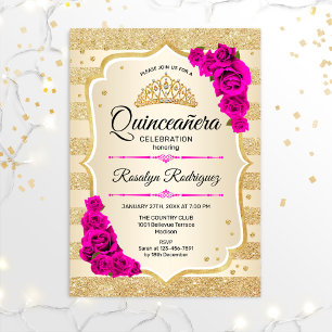Convites Quinceanera - Douradas Listras Rosa