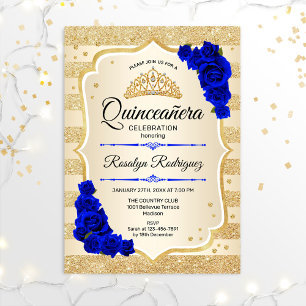 Convites Quinceanera - Douradas Strips Royal Blue
