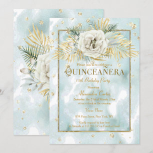 Convites Quinceanera Dourado Azul-Mint mármore Rosa Floral