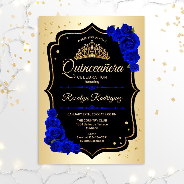Convites Quinceanera - Dourado Azul Real Negro (Criador carregado)