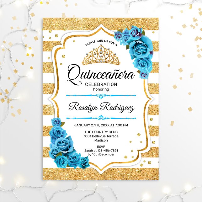Convites Quinceanera - Dourado Branco Azul (Criador carregado)