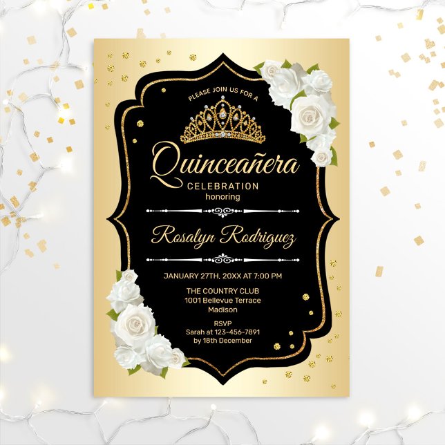 Convites Quinceanera - Dourado branco preto (Criador carregado)