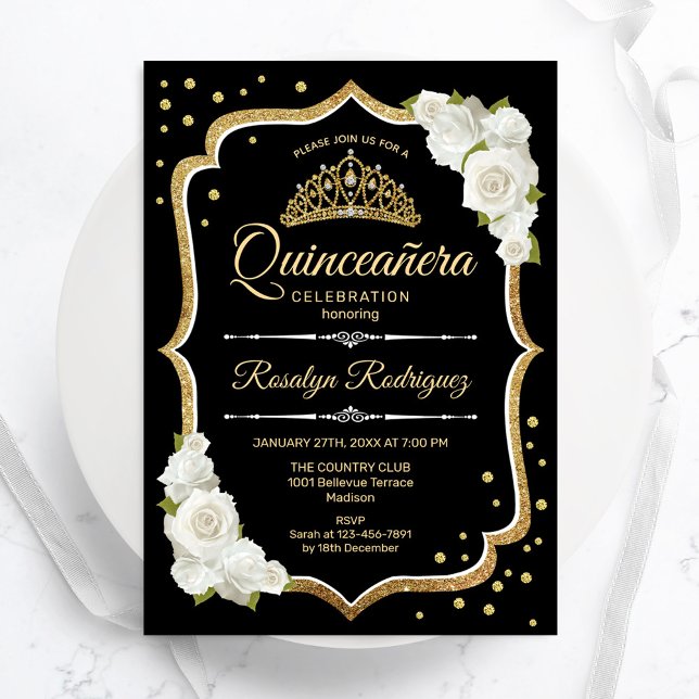 Convites Quinceanera - Dourado branco preto (Criador carregado)
