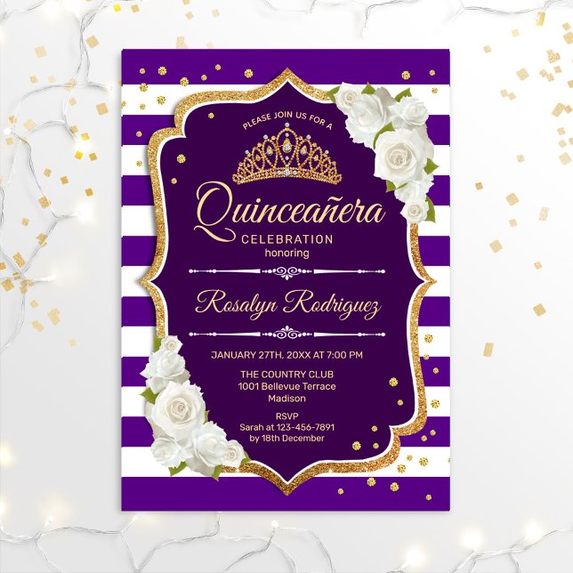Convites Quinceanera - Dourado branco roxo (Criador carregado)