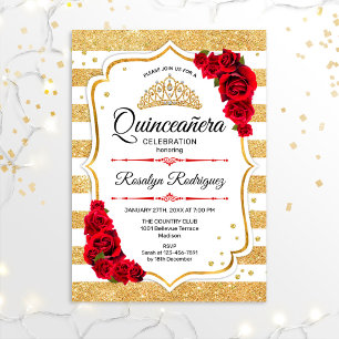 Convites Quinceanera - Dourado Branco Vermelho
