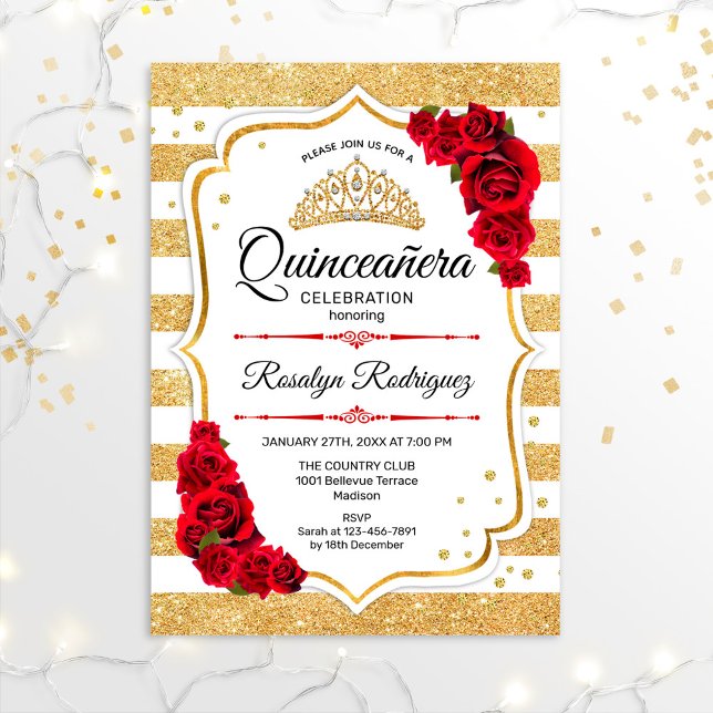 Convites Quinceanera - Dourado Branco Vermelho (Criador carregado)