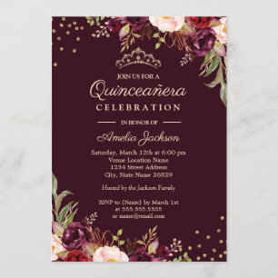 Convites Quinceanera Dourado Burgundy floral Brilho