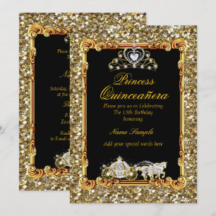 Convites Quinceanera Dourado Carruagem Preta Cavalo Conto d