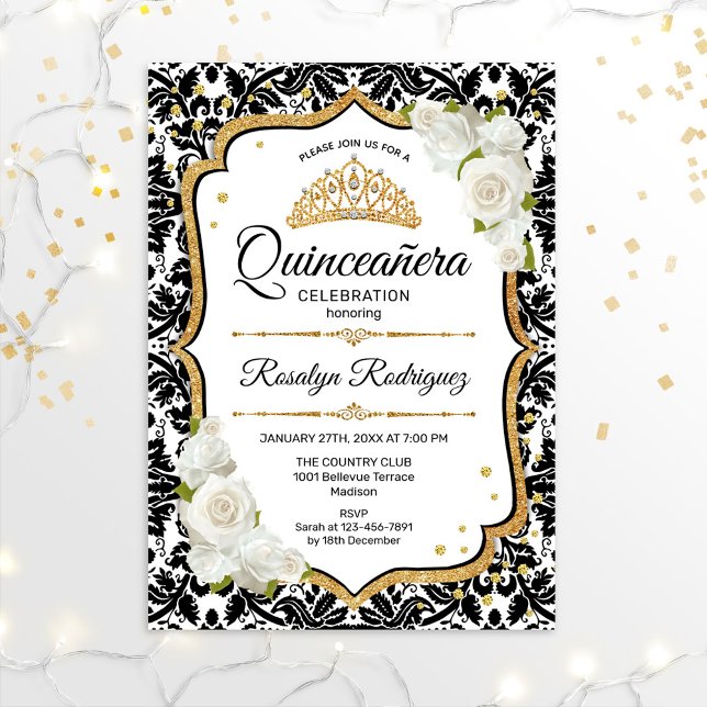 Convites Quinceanera - Dourado Damasco Preto Branco (Criador carregado)