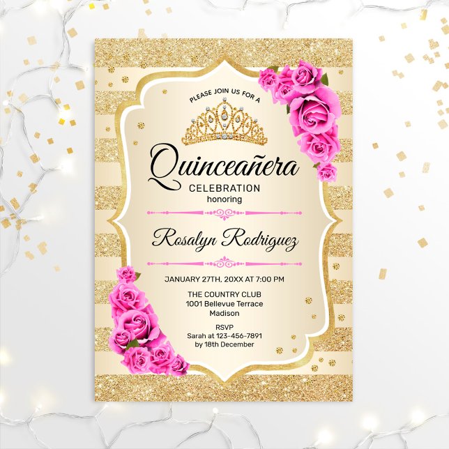 Convites Quinceanera - Dourado Pink Pastel (Criador carregado)