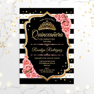 Convites Quinceanera - Dourado Preto - Cor-de-rosa