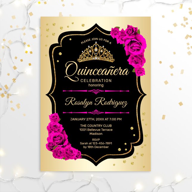 Convites Quinceanera - Dourado Preto Rosa (Criador carregado)