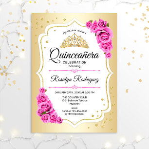 Convites Quinceanera - Dourado Rosa Branco