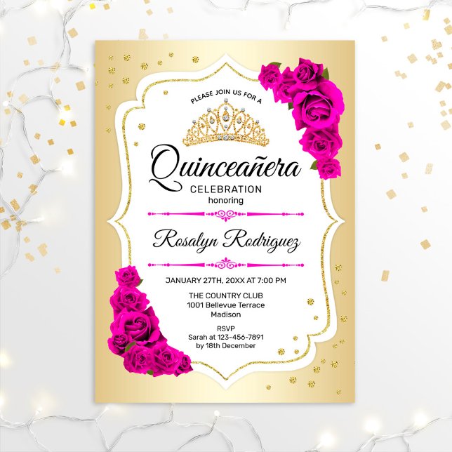 Convites Quinceanera - Dourado Rosa Branco (Criador carregado)